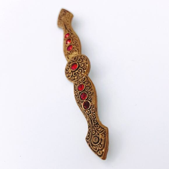 Vintage Gold Tone Bar Brooch Red Stones C Clasp Edwardian Victorian Revival - Picture 3 of 9